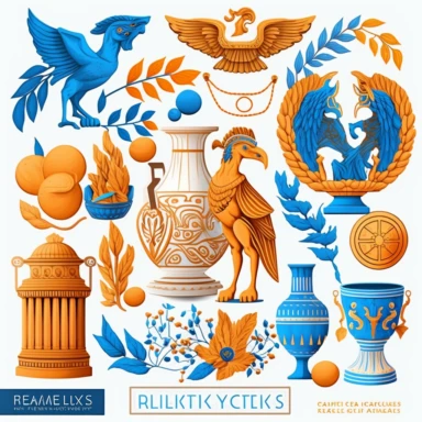 Greece MYTHOLOGY CLIPART - Main color theme: blue , white and orange , greek , Detailed, cute , sweet, highly realistic ,high resolition,no captions ,on a white background