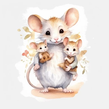 a mom mouse carrying a cute little baby mice on her arms, watercolor, clipart, hd, detailed