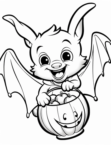 clipart cartoon flying bat carrying a bag of halloween candy in the style of Pierre-Auguste Renior black and white child's coloring book, black and white smooth thick lines, solid white background, no background