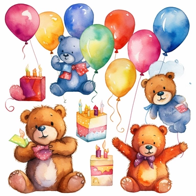 Theme: watercolor clipart | Concept: happy birthday | Emotions: cute, happy, celebrating , joy, funny | Scene: bear | Style: pixar style | ultra detailed