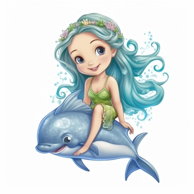 cute pastel dolphin and mermaid clipart, Cartoon, high detail, illustration style, high solution, on the white background