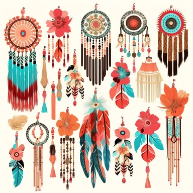 Bohemian Elements: Create clipart featuring key bohemian decorative elements like tassels, fringes, macrame, beads, and feathers. These elements can be used individually or combined to create unique compositions with with vibrant colors, organic shapes, and a sense of free-spiritedness