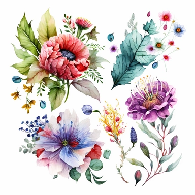 watercolor perfect detailed complicated a complete sheet with 4 different flower clipart with white background realistic colors, white background
