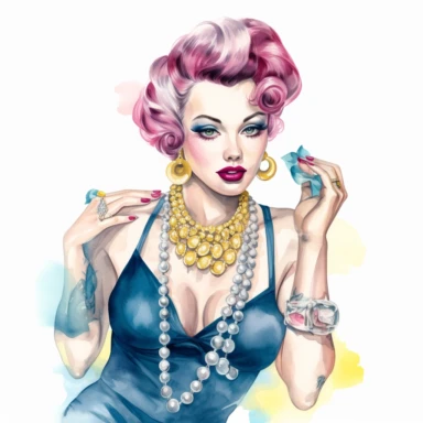 Hand drawn 1950’s pin up woman, dressed like Gemini , zodiac, very glamorous with jewelry, shades of blue yellow and hot pink, half body, very detailed and realistic, watercolor, white background with margins, clipart style