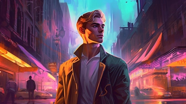 beautiful stunning pretty vintage, futuristic bladerunner style young man, paint art style, clipart, city landscape background, superrealistic, one of a kind