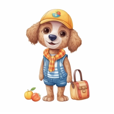 Summer cute cartoon dog dressed for summer, clipart, watercolor illustration for kid, white background