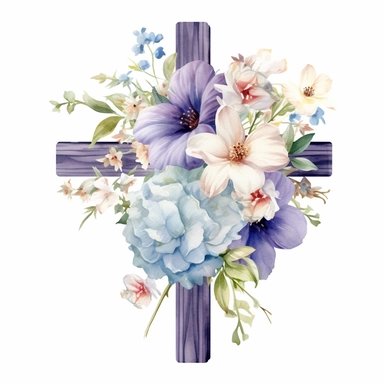 cross, different flowers, watercolor, clipart, white background