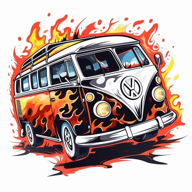 clip art style of a vw black bus surrounded by flames on a white background