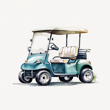 single golf cart illustration white background clean lines watercolour clipart