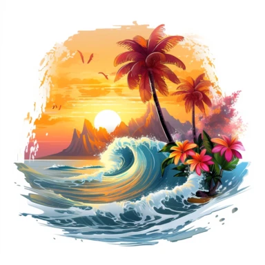 artwork majestic palm tree in digital painting style, beautiful flowers, sunrise mountain and clouds, big sea waves, water splashes, water splashes, white background, colorful fantasy flower surround, highly detailed clean, vector image, photorealistic master piece, professional photography, realistic, flat white background, isometric, vibrant vector, clipart, illustration, realism, 4k, cinematic, front view, white background
