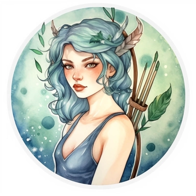 portrair of cute beautiful lady archer, Horoscope, Astrology, forest theme, Watercolor Sagittarius Zodiac Sign Clipart sticker design, 8k, detailed white background, uplighted