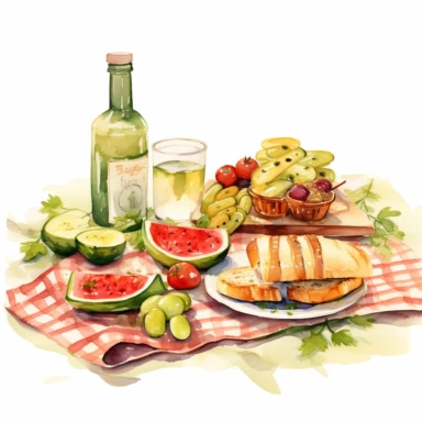summer picnic watercolor, clipart, cosy, mediterranean