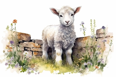 picturesque farmyard scene, watercolor and ink style, baby lamb with spring flowers, clipart on plain white background, nature vibes, super high detail ultra precision 16k HD, clean crisp brushwork, painted by Beatrix Potter