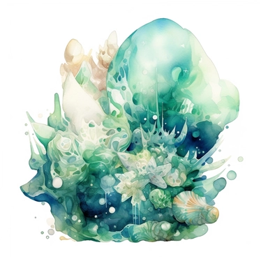watercolor ocean quarz, in the style of anna dittmann, green and aquamarine, zhang jingna, detailed painting, detailed illustrations, fluid, watery, organic shapes, transparent/translucent medium, isoleted on white background, seashells, clipart , symbolic elements, tinycore, stone, fantasy-based, isoleted on white background, clipart