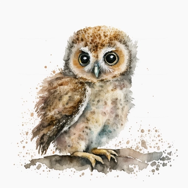 baby owl Clipart Watercolor, white background, cute, realistic style in woods detailed