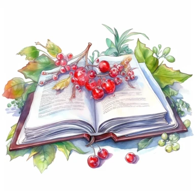 Commercial shot of cute ultra realistic watercolor insanely beautiful open book with cranberries clipart, country cranberry theme, overgrown plants and cranberries summer lush god rays clipart, deep meaning, highly detailed and realistic, insane quality, art nouveau art style, clipart witchcore dreamcore cottagecore white background no text, isolated on white, ghibli style, watercolor illustration, award winning