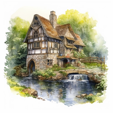 A highly detailed watercolor drawing of an ancient medieval rustic cottage nestled among lush greenery, with a majestic waterwheel turning gracefully next to a tranquil river, all set against a pure white background. The cottage showcases intricate stonework, thatched roof, and timber beams, while the waterwheel features weathered wood and cascading water, creating a sense of serenity and harmony with nature. The watercolor clipart style adds a touch of whimsy and charm to the scene, with soft b