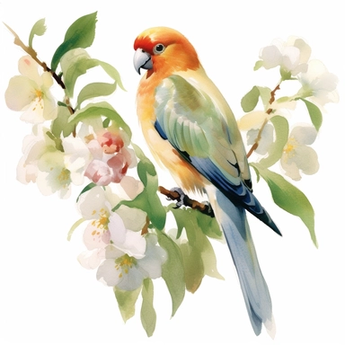 peach-faced lovebird,FLOWERS, watercolor painting by JOHN SINGER SARGENT, clipart, white background