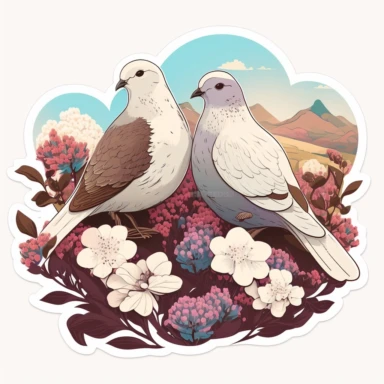 two beautiful doves in love, in a field of flowers, clear sky, clipart, white background, sticker