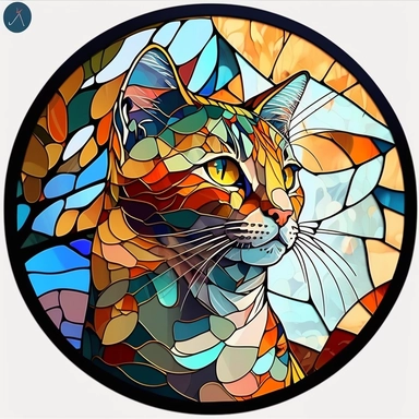 Stained Glass cat ornament,in the style of circular, артур скижали-вейс, animated mosaics clipart on a white background, shutterstock contest winner, generative art, detailed painting, digital illustration, photoillustration isolated on white background, digital watercolor