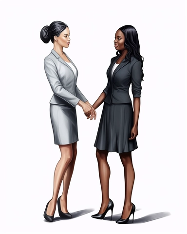 Extremely realistic digital illustration clipart, vector art of ultra beautiful African American women entrepreneurs with beautiful black hair, dressed business knee length dress suits shaking hands in an office in the year 2023, standing in the center of an office on a white background