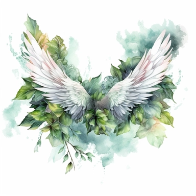 Fantasy Style Shiny White Wings on the clouds with watercolor effected and soft green floral,little leaves,suitable for digital clipart,white background,Mythologic Scene,Ancient roman fashion