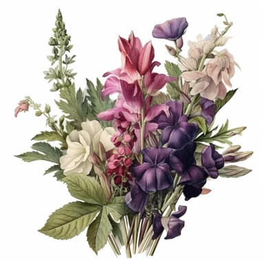 Job ID c43ad560-b297-4b98-bfbb-692d030f9e14, clipart of beautiful wild flowers with eucalyptus leaves, colorful, ornate, intricate, beautiful, soft, cute, watercolor style, hand drawn style, line art