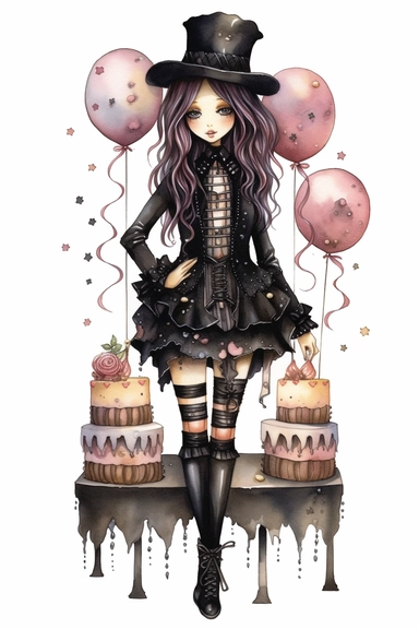watercolor mixed media goth steampunk girl entire body in goth steampunk birthday cake illustration clipart by holly hobbie