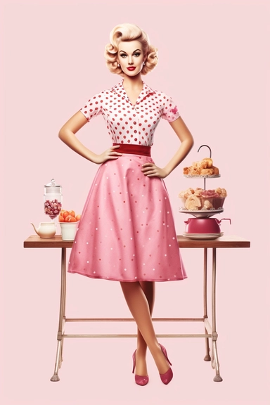 full body shot of a posing housewife against white background, in the style of vintage-inspired pin-ups, realistic figures, polka dot madness, pink and amber, against qhite background clipart png