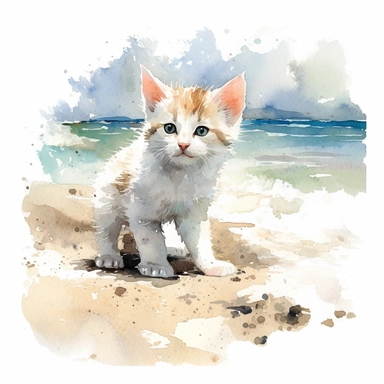 happy kitten on the beach, watercolor painting by WINSLOW HOMER, clipart, white background