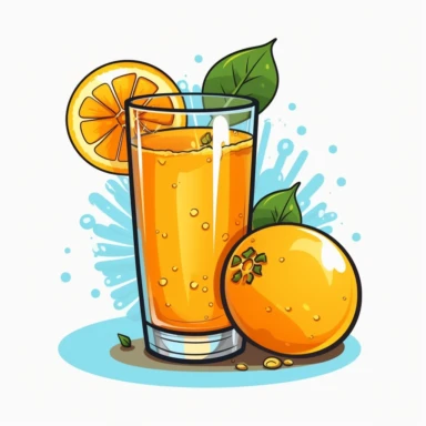 Create a lively clipart of a tall glass filled to the brim with freshly squeezed orange juice. Make sure the orange juice appears to be swirling and bubbling with tangy delight. To make the clipart even more enticing, add a slice of orange to the rim of the glass, and perhaps even a small, decorative paper umbrella. The background should be a bright, sunny yellow to complement the cheerful orange hue of the juice. This clipart is perfect for use in a summer-themed project or as an eye-catching d