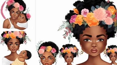 animated clipart bundle african american mother concepts, clipart bundle with beautiful flowers, beautiful faces, beautiful eyes and differential body types and skin tones, harlem Renaissance, Mother's Day White background