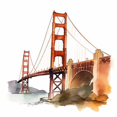 golden gate bridge in san francisco, watercolor clipart, isolated white background, 8k hd