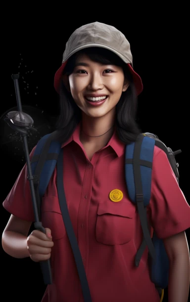 Smiling and hopeful Chinese female tour guide with cap, clip-on portable microphone on ears, tour guide card around neck, casual outdoor clothes, carrying a small backpack, holding a guide banner,pov shot,highly detailed,dynamic,expressive,clean lines,cinematic,stunning,realitic lighting and shading,vivid,vibrant,8k,octane render,unreal engine,concept art,cry engine