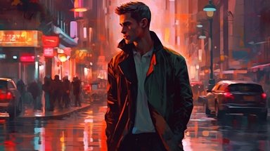 beautiful stunning pretty vintage bladerunner young man, paint art style, clipart, city landscape background, superrealistic, one of a kind