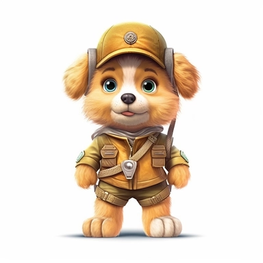 Adorable cute fantasy baby dog dressed like ranger standing in dynamic pose,front view,fullbody,sharp through out,happy expression, nursery art, clipart image, lineart image, white background, very detailed, 8k, composition wide shot