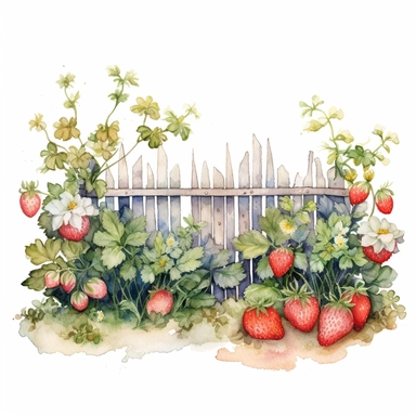 mystic fence with strawberries bush and flowers clipart watercolor