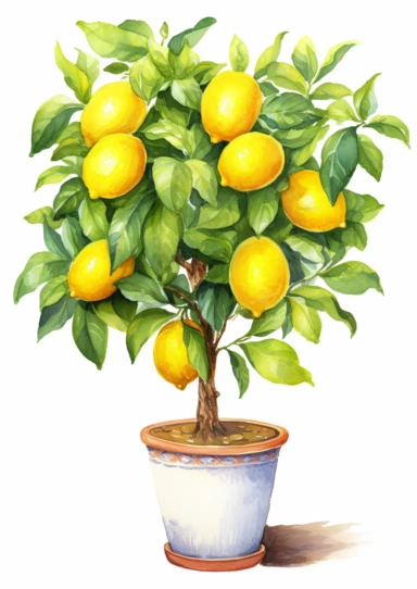 little watercolor lemon tree growing in mediterranean pot clipart on white background