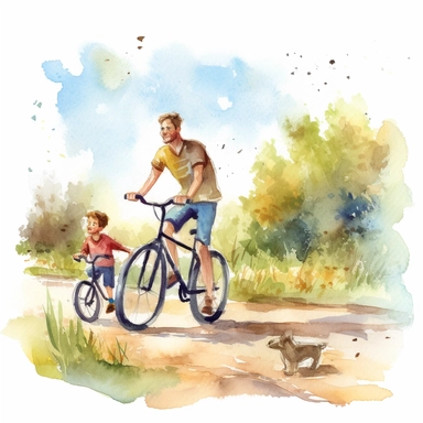 fathers day, father and son, cycling onthe road, water colour, clipart