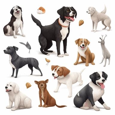 create clipart featuring ultra realistic and playful dog on white background engaged in various activities, such as playing, sleeping, eating, jumping