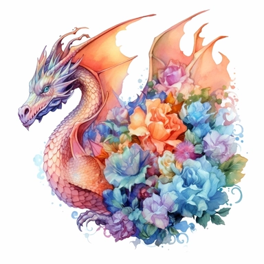 A mesmerizing 4K floral watercolor dragon clipart, where the mythical and the botanical converge in a masterpiece of artistry, intricate floral motifs intertwining with the dragon's form, every petal and scale meticulously painted with intricate details and vibrant watercolor pigments, creating a harmonious fusion of fantasy and nature