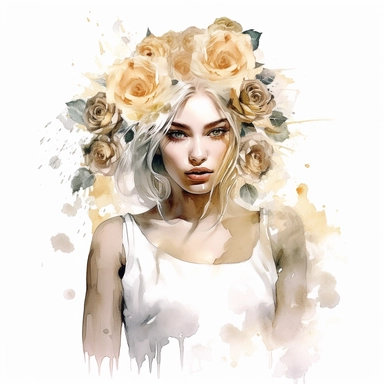 watercolor, white background, clipart, watercolor, white background, ultra-realistic and hyper-detailed clipart beautiful white roses woman, white and rich gold hues