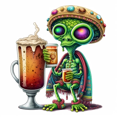 Illustration in boho style, clipart, sublimation picture Alien with a huge glass of Irish beer. Bright colorful colors. White empty background, high quality 8k, quality detail