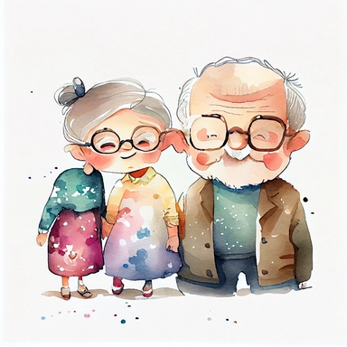 cute adorable happy grandparents, clear white background, handrawn watercolor graphic clipart, cute Children's Drawing, isolated