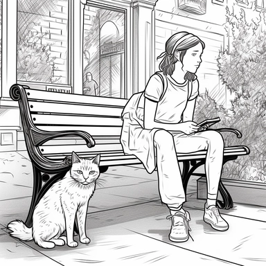 coloring pages, black and white, linework, clip art, street scene of a cat and a girl sitting on a bench watching people walk by. Expression and active.