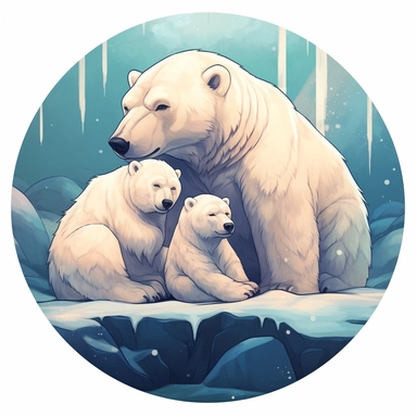 Illustrating a Polar bear family cuddled together in a snowy den. The design should convey a sense of familial warmth and the Polar bear's resilience in the face of harsh Arctic conditions. The artwork can have soft lighting and gentle colors, creating a serene atmosphere.r, that can be used as a sticker, colorful, highly detailed, white background, style of pixar clipart, white background,--no cut off edges