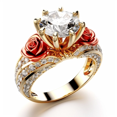 jewellery gold solitaire ring with diamonds near roses digital clipart on white background
