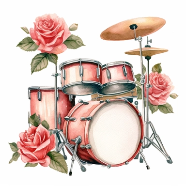 watercolor painting of a drum set with roses on white background, clipart, illustration, ultra detailed art, watercolour illustration style, comical, illustration, detailed,png, 8k