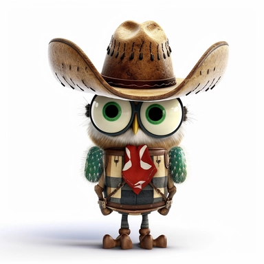 please create pixar style character clipart of owl dressed like a cowboy with a cactus hat, back view of body looking at the camera in pain with head turned front view with back grills