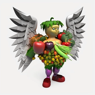 3D Angel Cartoon in the form of vegetables and fruits with many many wings and one halo clipart mascot , with a transparent background, 128K super mega pixel, insane detail, hyper-detailed, with huge details, UHD, 8K